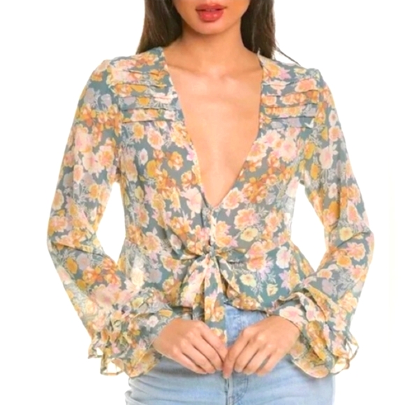 Free People Tops - FREE PEOPLE x REVOLVE Maybel Happy Combo Ruffled Tie Front Chiffon Top NWT